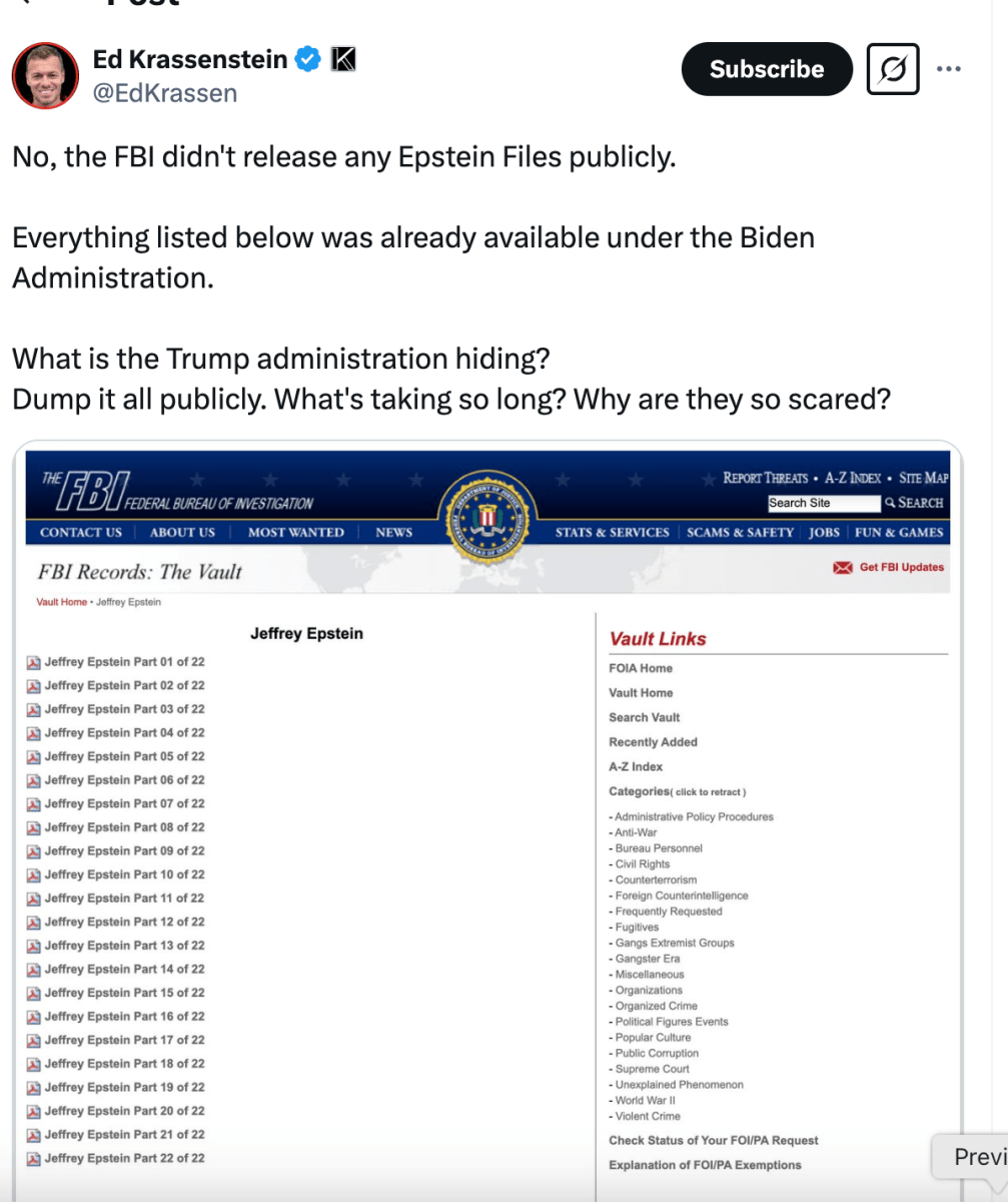 Ed Krassenstein posts on Epstein files